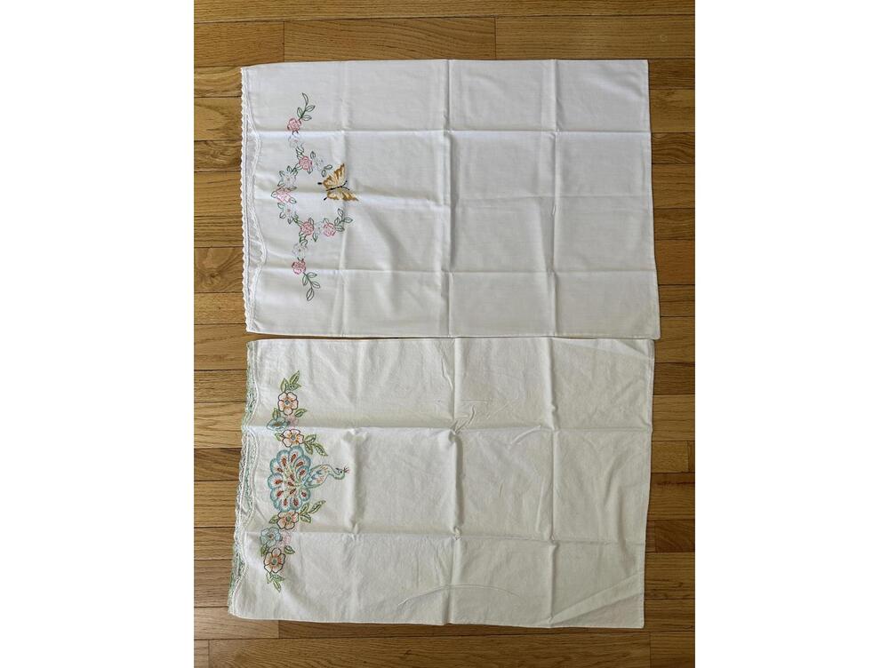 VTG Embroidered Pillowcase Set 20x29 Butterfly Peacock Cottagecore Farmhouse